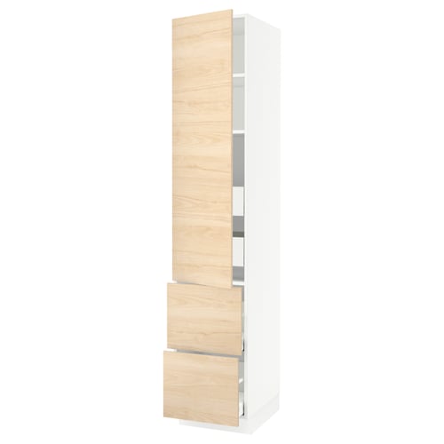 White tall kitchen cabinet with light wood doors.