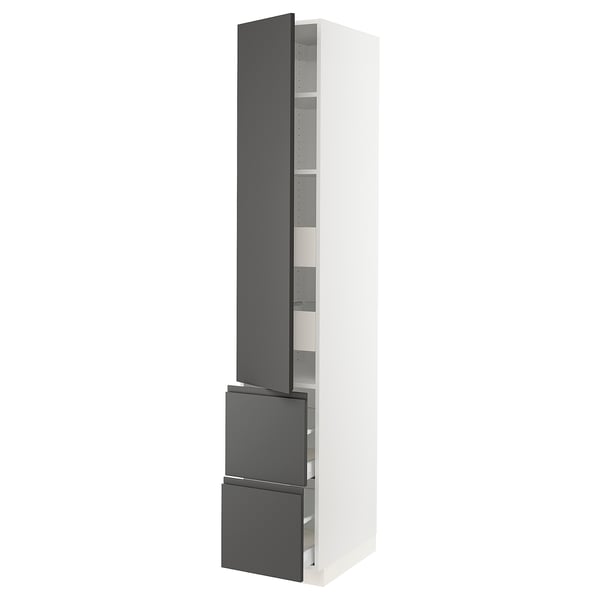 Modern kitchen cabinet in white and dark grey. Tall with adjustable shelves and silent-closing drawers.