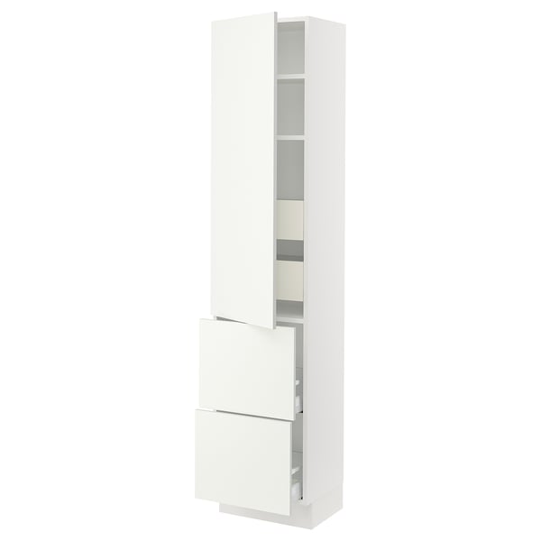 An ikea SEKTION white cabinet with doors and shelves. It stands tall, rectangular, and sleek with modern handles, ideal for kitchen storage.
