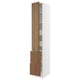 Ikea SEKTION kitchen cabinet. Tall, white, wood-grained, with walnut-like drawers and shelves.