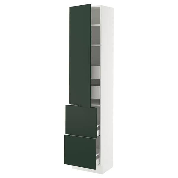 SEKTION kitchen cabinet, tall white with green doors, shelves.