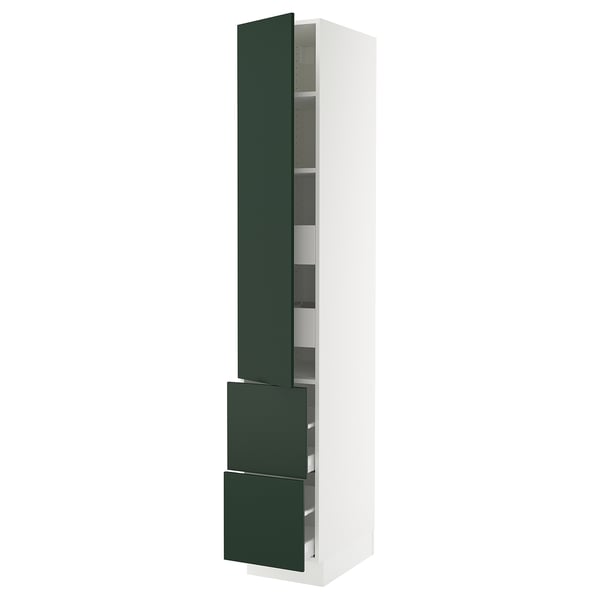 Modern kitchen cabinet in white with green doors and drawers, featuring a tall, rectangular shape and sleek design.