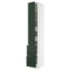 Modern kitchen cabinet in white with green doors and drawers, featuring a tall, rectangular shape and sleek design.
