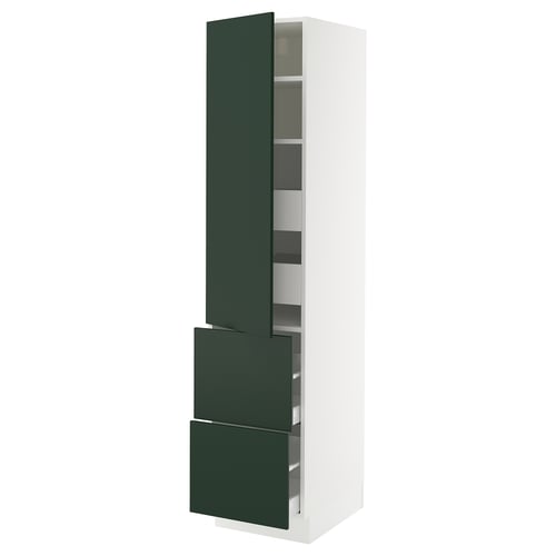 A tall green and white kitchen cabinet. It has two large drawers at the bottom, a door in the middle, and adjustable shelves at the top.