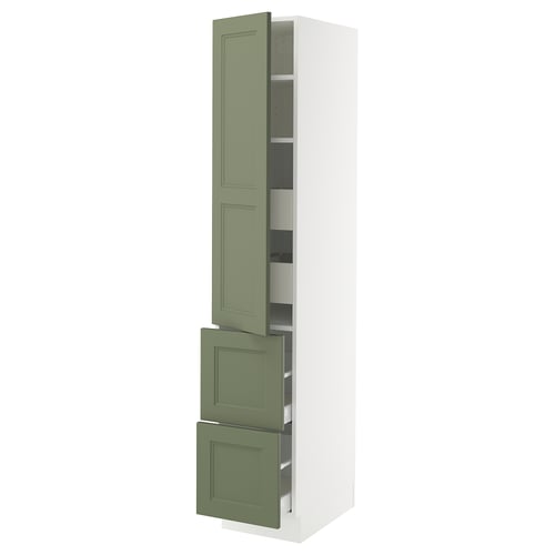 A tall white storage cabinet with green drawers and doors, offering modern kitchen storage.