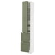 SEKTION kitchen cabinet in green, tall and slim, white frame, three shelves, green door open, adjustable.