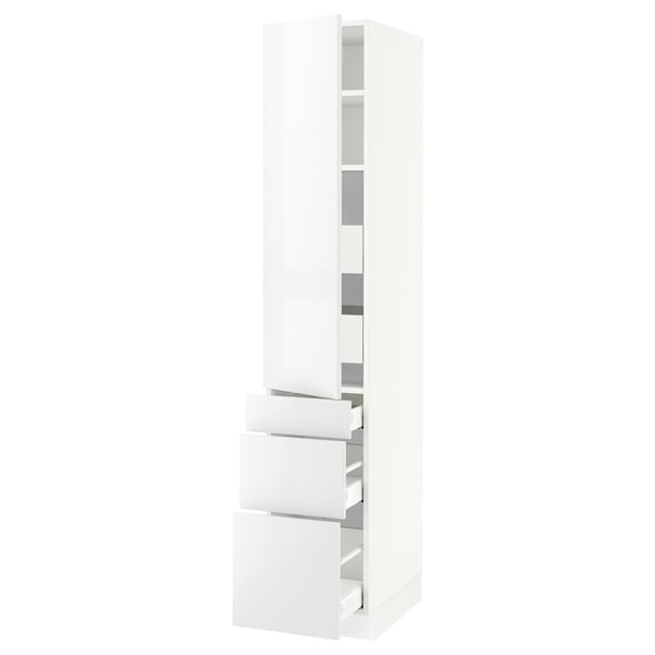 A white SEKTION kitchen cabinet with high-gloss doors and drawers in a sleek, modern design, featuring multiple storage compartments.
