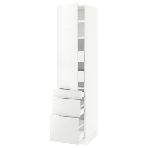 White high gloss kitchen cabinet with adjustable shelves and drawers.