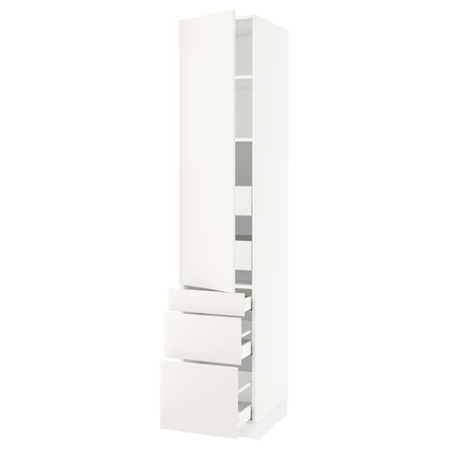 SEKTION white kitchen cabinet with drawers and shelves.