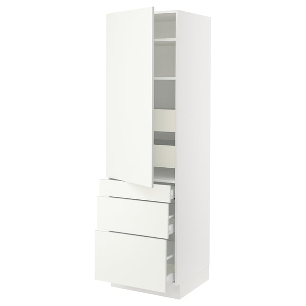 A white SEKTION kitchen cabinet with drawers and shelves. It has a modern design with sleek lines and a glossy finish.
