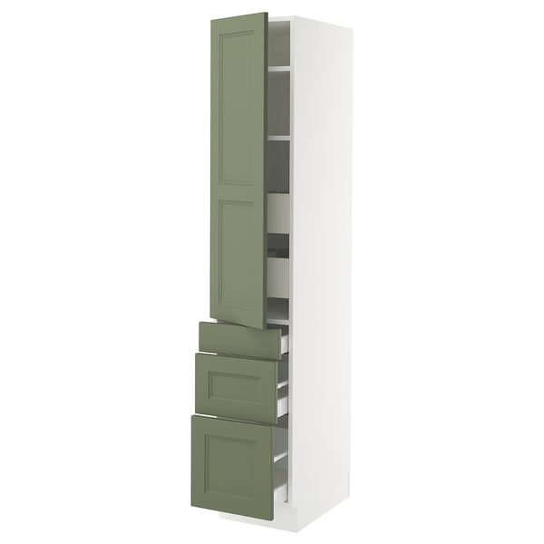 SEKTION kitchen cabinet in grey-green with adjustable shelves, full-extension drawers, and a door damper.