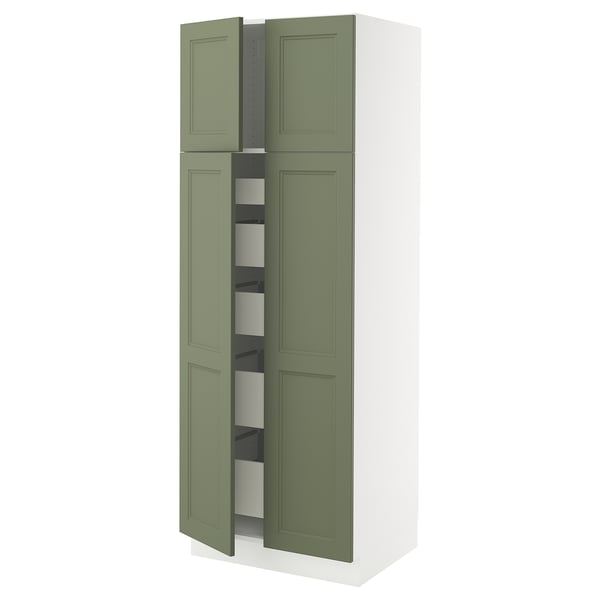 Grey-green ikea SEKTION kitchen cabinet with open shelves
