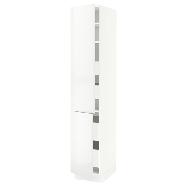 White SEKTION kitchen cabinet with glossy doors and adjustable shelves.