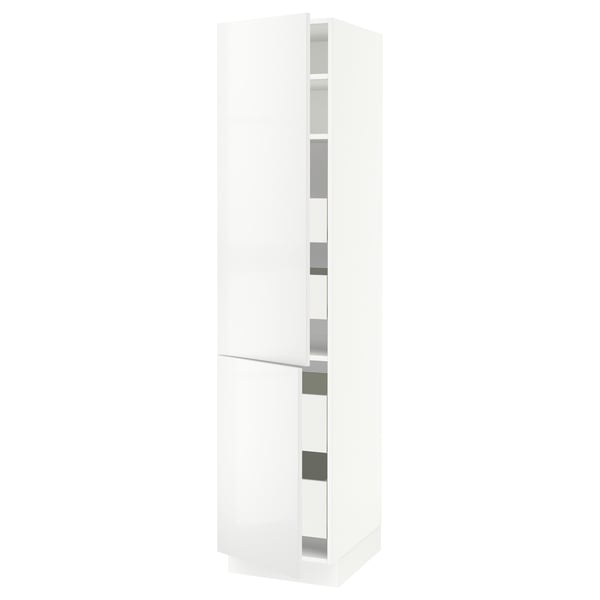A white SEKTION kitchen cabinet by IKEA, featuring multiple shelves and a sleek, modern design.