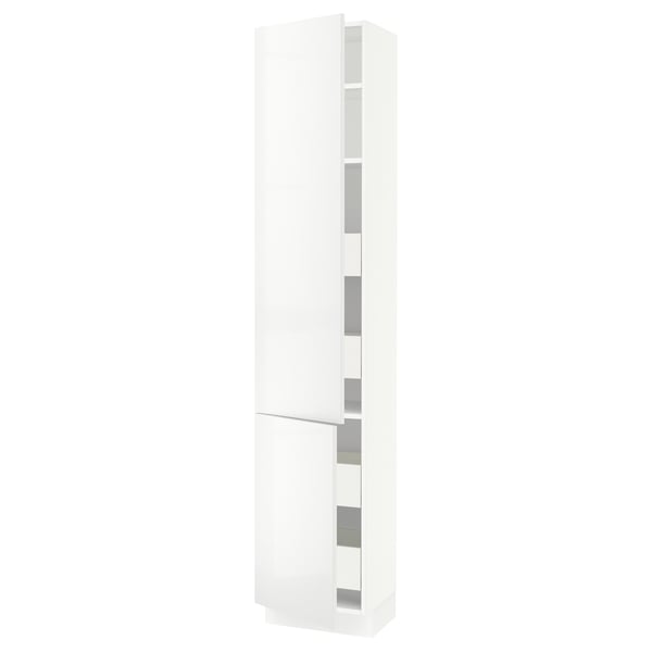 SEKTION white kitchen cabinet, glossy finish, adjustable shelves, sleek modern design.