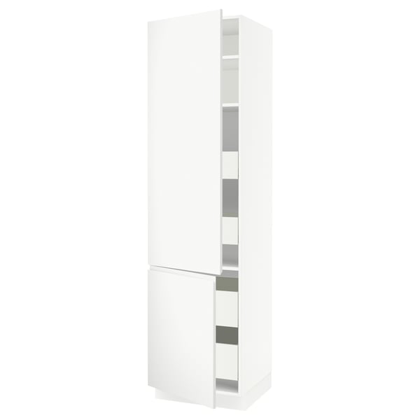 A white SEKTION kitchen cabinet with two doors and adjustable shelves.