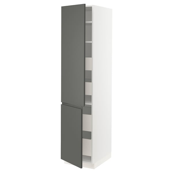 SEKTION kitchen cabinet in white and dark grey, slim and tall, with adjustable shelves.
