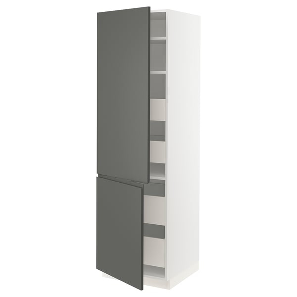 White kitchen cabinet with grey doors open, featuring multiple shelves.