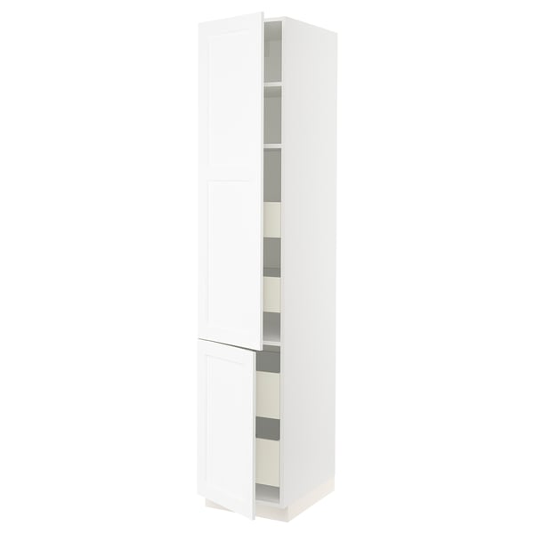 White SEKTION kitchen cabinet with adjustable shelves and a door. Modern design with subtle grain texture.