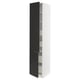 Colourful kitchen cabinet, modern black and white design, tall with adjustable shelves and drawers.