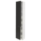 Modern white kitchen cabinet with black doors, slim design, sleek handles, tall, rectangular shape, minimalist style.