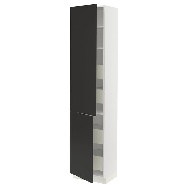 White & black ikea SEKTION kitchen cabinet with shelves & reversible doors.