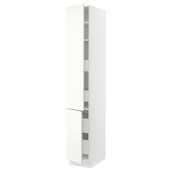 Ikea SEKTION white kitchen cabinet, tall with adjustable shelves, modern design.