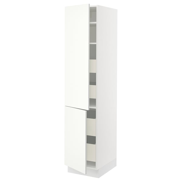 White tall kitchen cabinet with adjustable shelves and grey drawer fronts, part of the SEKTION system.