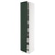A tall, white SEKTION cabinet with deep green doors and adjustable shelves.
