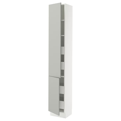A tall white cabinet with dual doors and adjustable shelves, part of the SEKTION kitchen system. It has a modern, clean design.