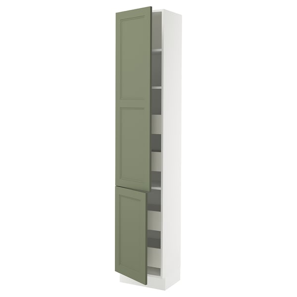 Ikea SEKTION tall cabinet, grey-green, wood, adjustable shelves, 2 doors.