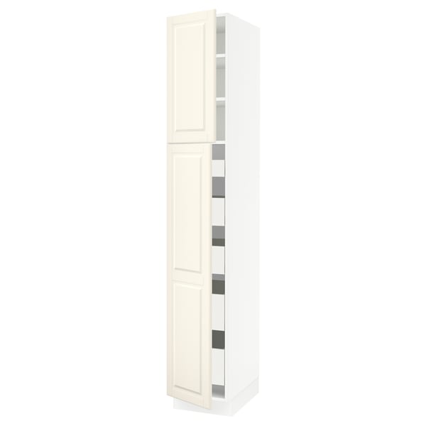 White SEKTION kitchen cabinet with off-white doors and adjustable shelves.