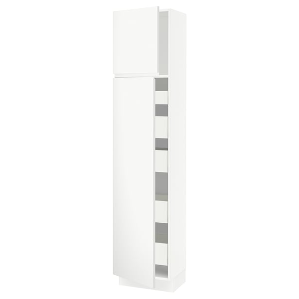 White vertical kitchen cabinet with integrated handles, featuring multiple shelves.