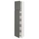 A tall, white ikea SEKTION kitchen cabinet with dark grey drawers and doors. It has a modern, sleek design and integrated handles.