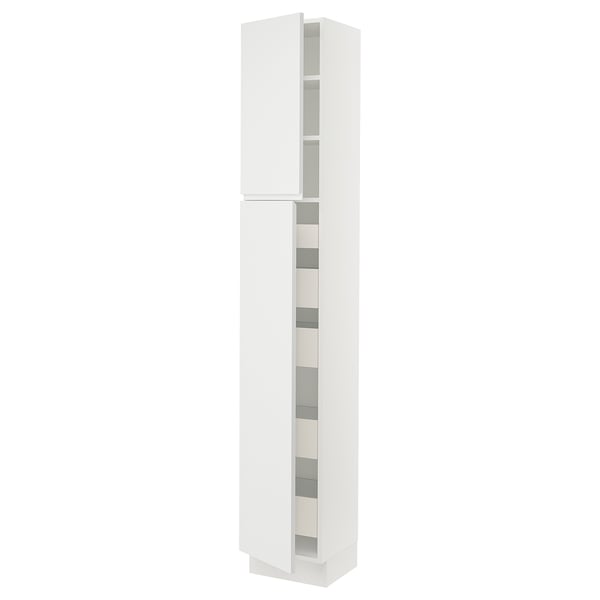 A modern white tall cabinet from the SEKTION kitchen system with a minimalist design. It multiple shelves inside and a smooth, handleless door.