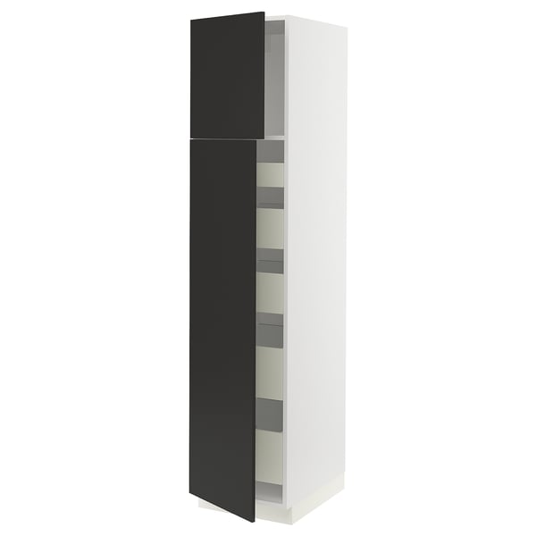 Image depicts a modern, tall black and white cabinet from IKEAs SEKTION kitchen system with adjustable shelves.