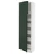 A tall, white kitchen cabinet with a dark green door, featuring multiple shelves and a sleek, modern design.