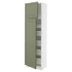 Green-grey ikea SEKTION kitchen cabinet with two open doors revealing shelves, set against a white background.