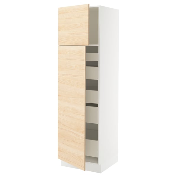 A SEKTION kitchen cabinet in white and light ash wood. It adjustable shelves and soft-closing drawers.