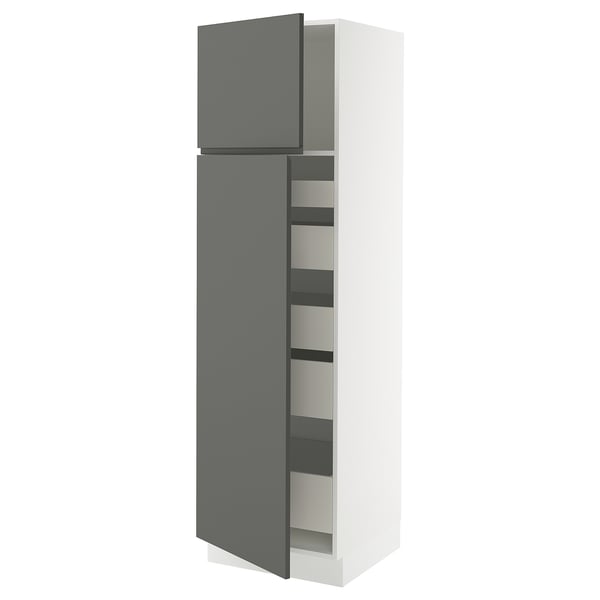 Modern grey & white kitchen cabinet with adjustable shelves and soft-closing hinges.