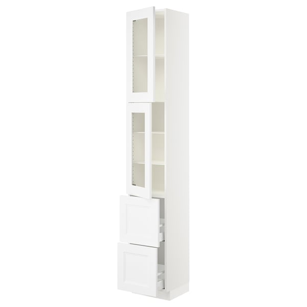 A SEKTION tall white kitchen cabinet with glass doors and drawers. It a sleek modern design with adjustable shelves.