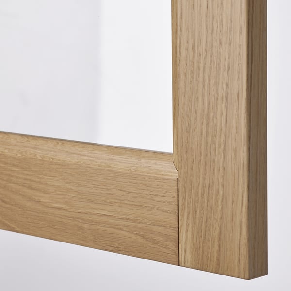 Close-up of stylish oak-framed glass door, showcasing quality craftsmanship and sleek design.