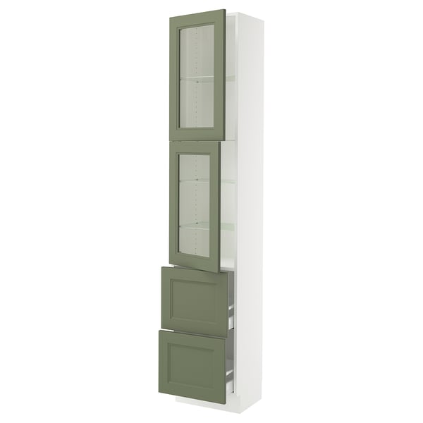 SEKTION kitchen cabinet with 3 gray-green glass doors and drawers.