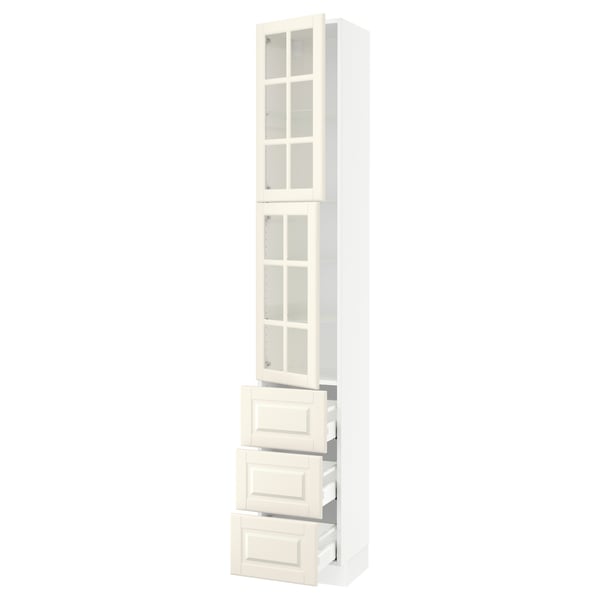 An off-white SEKTION kitchen cabinet with glass doors and drawers. It a tall, rectangular shape with a traditional design.