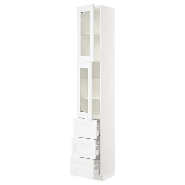 Ikea SEKTION white kitchen cabinet, glass doors, adjustable shelves, pull-out drawers.