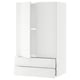 White high-gloss kitchen cabinet with drawers and glass door.