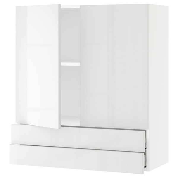 White modern kitchen unit with glass door & drawers.