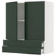 Modern green kitchen cabinet with drawers, glass doors, adjustable shelves.