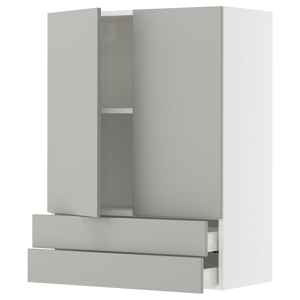 A modern light grey kitchen cabinet with two drawers and a door, featuring a sleek design and sturdy construction.