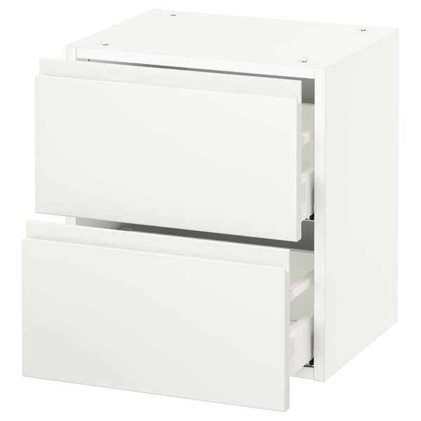 A white, modern kitchen cabinet with two drawers and a door. The cabinet a sleek, minimalist design.
